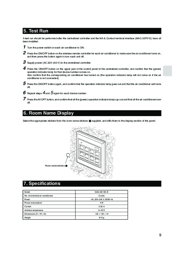 Mitsubishi MAC 821SC E Remote Controller Air Conditioner Installation ...